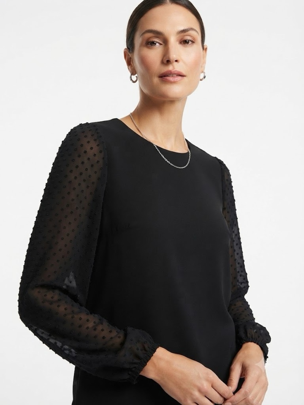 new directions Black Sheer Dot-Sleeve Blouse